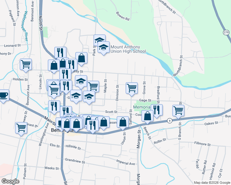 map of restaurants, bars, coffee shops, grocery stores, and more near 205 Division Street in Bennington