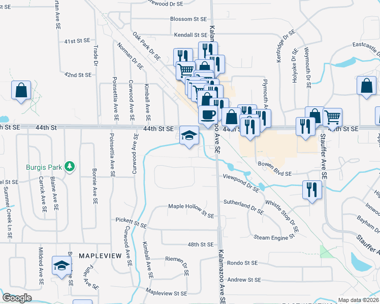 map of restaurants, bars, coffee shops, grocery stores, and more near 4483 Kalamazoo Avenue Southeast in Kentwood