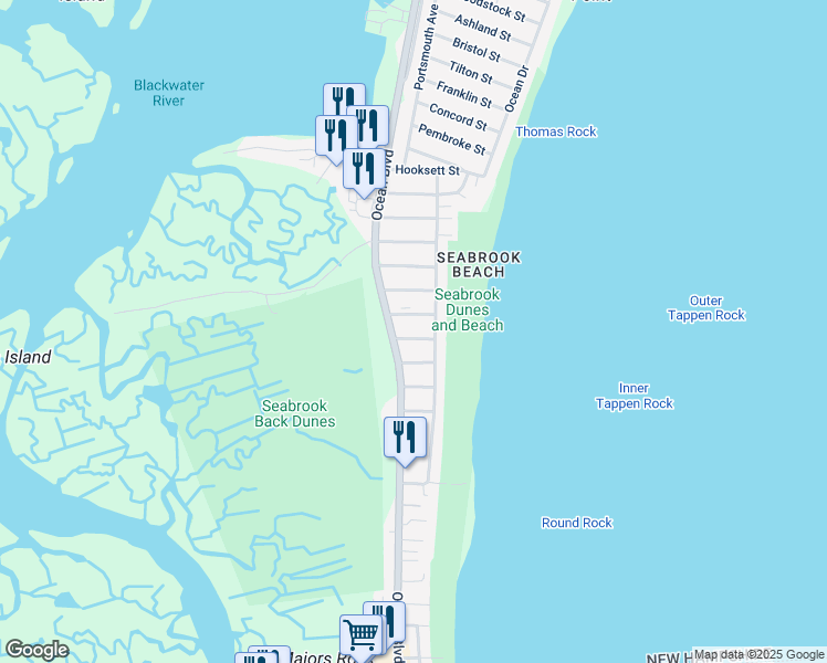 map of restaurants, bars, coffee shops, grocery stores, and more near 20 Dracut Street in Seabrook