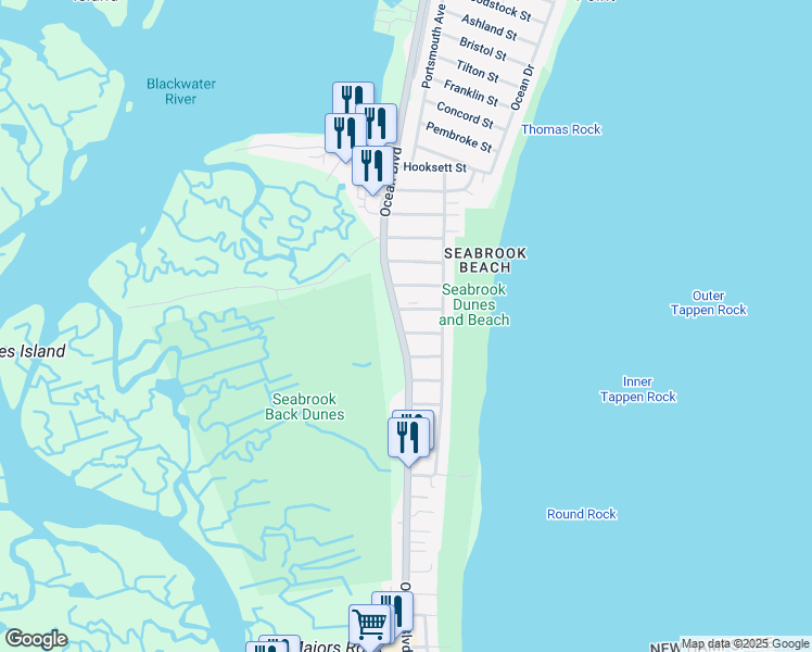 map of restaurants, bars, coffee shops, grocery stores, and more near 20 Dracut Street in Seabrook