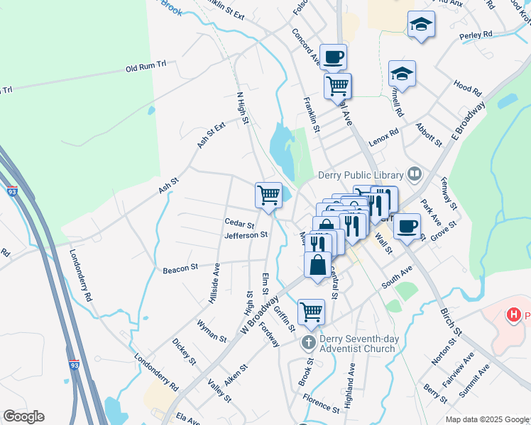 map of restaurants, bars, coffee shops, grocery stores, and more near 37 Maple Street in Derry