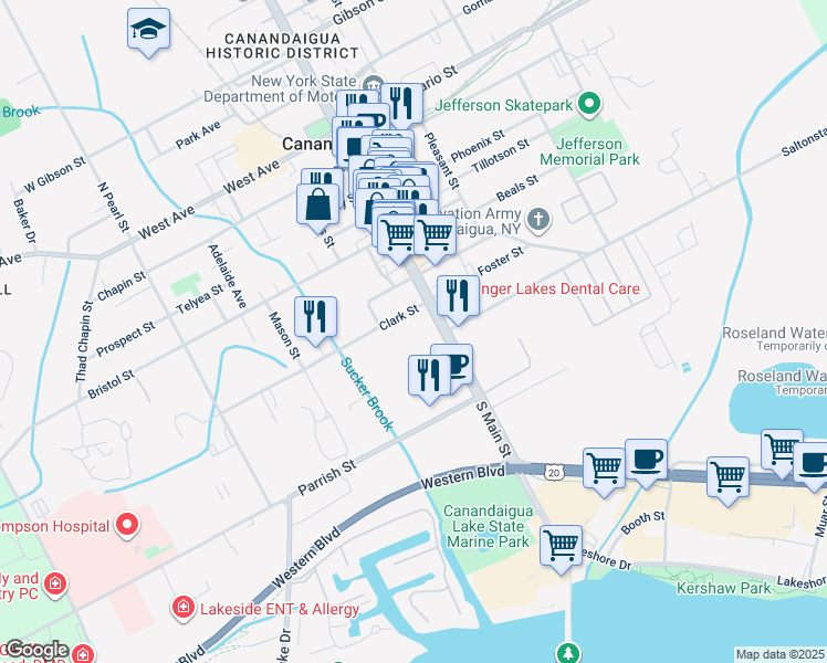 map of restaurants, bars, coffee shops, grocery stores, and more near 370R South Main Street in Canandaigua