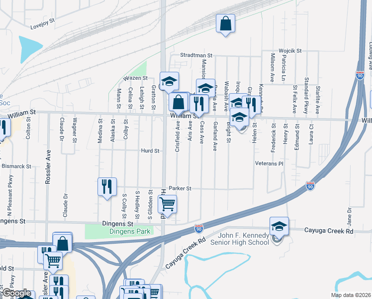map of restaurants, bars, coffee shops, grocery stores, and more near 243 Crisfield Avenue in Buffalo