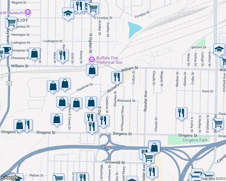 map of restaurants, bars, coffee shops, grocery stores, and more near 376 Shanley Street in Buffalo