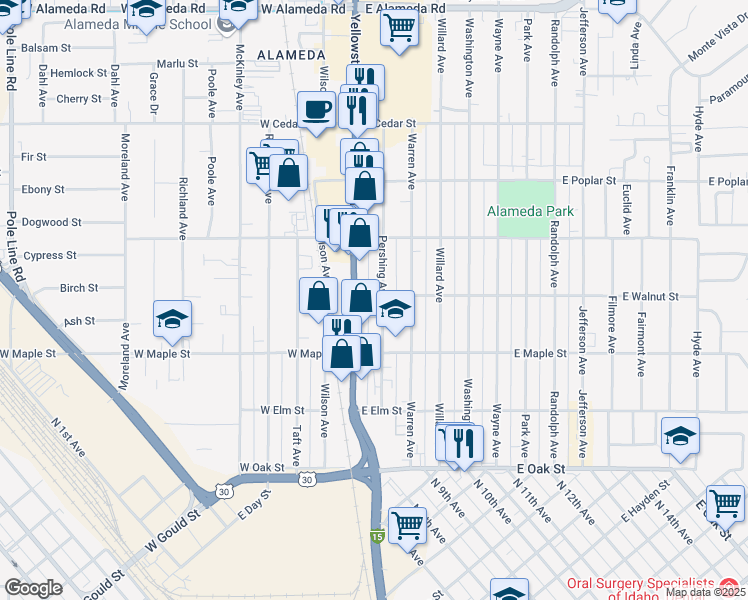 map of restaurants, bars, coffee shops, grocery stores, and more near 395 Pershing Avenue in Pocatello