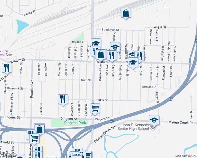 map of restaurants, bars, coffee shops, grocery stores, and more near 1435 Harlem Road in Buffalo
