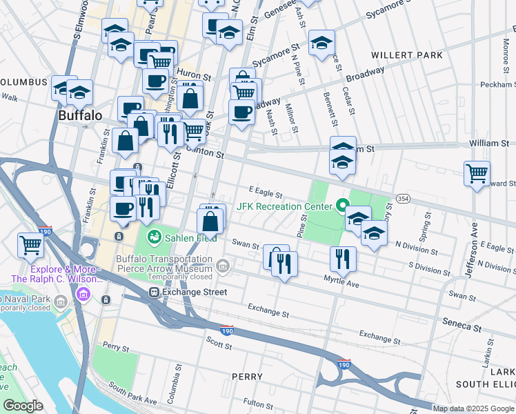 map of restaurants, bars, coffee shops, grocery stores, and more near 117 Delmar Mitchell Drive in Buffalo
