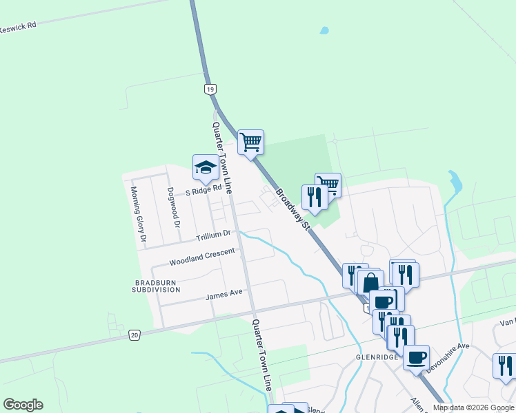 map of restaurants, bars, coffee shops, grocery stores, and more near 360 Quarter Town Line in Tillsonburg