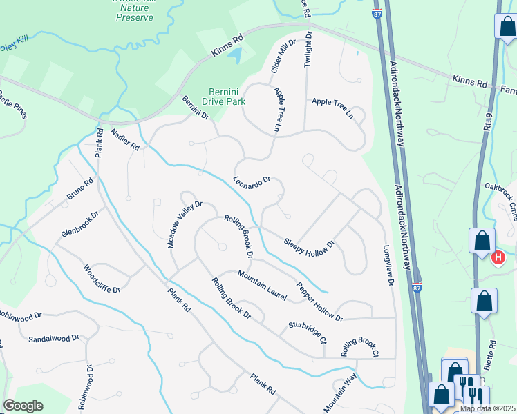 map of restaurants, bars, coffee shops, grocery stores, and more near 22 Leonardo Drive in Saratoga County