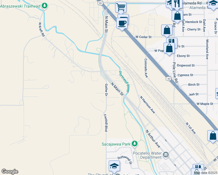 map of restaurants, bars, coffee shops, grocery stores, and more near 8354 North Gathe Road in Pocatello