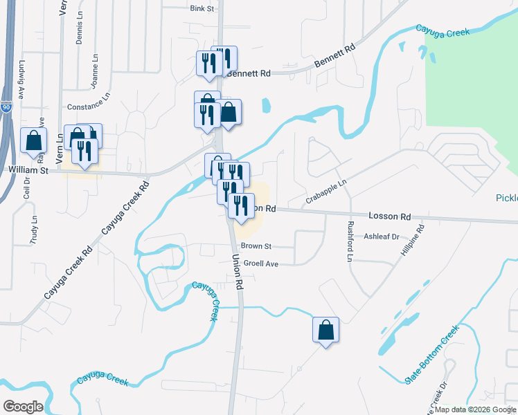 map of restaurants, bars, coffee shops, grocery stores, and more near 55 Losson Road in Buffalo