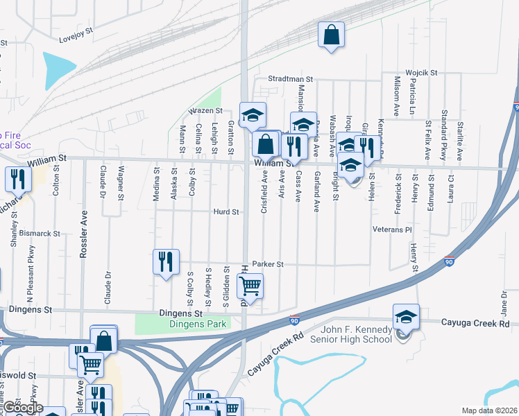 map of restaurants, bars, coffee shops, grocery stores, and more near 1435 Harlem Road in Buffalo