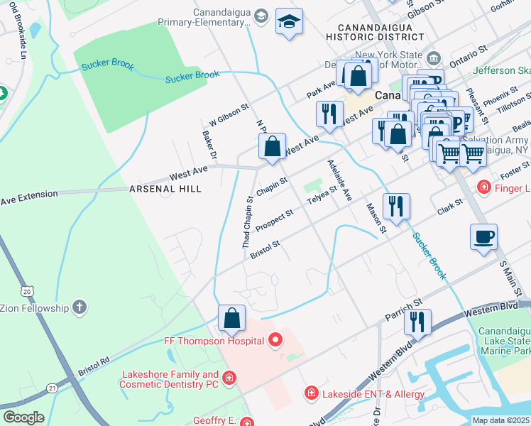 map of restaurants, bars, coffee shops, grocery stores, and more near 244 Prospect Street in Canandaigua