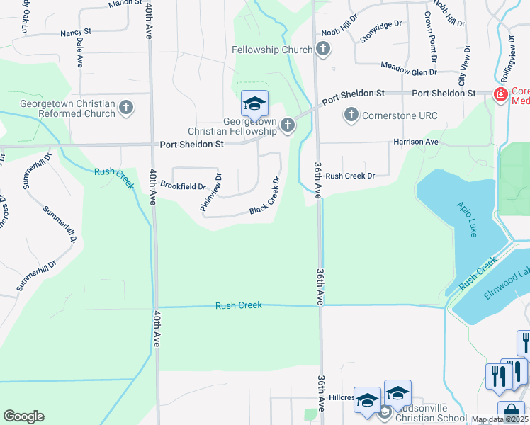 map of restaurants, bars, coffee shops, grocery stores, and more near 3758 Black Creek Drive in Hudsonville