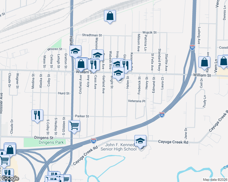 map of restaurants, bars, coffee shops, grocery stores, and more near 165 Bright Street in Cheektowaga