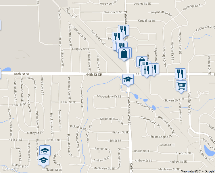 map of restaurants, bars, coffee shops, grocery stores, and more near 4479 Kalamazoo Avenue Southeast in Kentwood