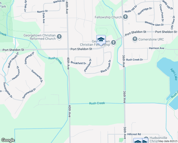 map of restaurants, bars, coffee shops, grocery stores, and more near 3832 Black Creek Drive in Hudsonville