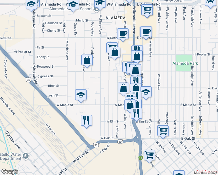 map of restaurants, bars, coffee shops, grocery stores, and more near 378 Roosevelt Avenue in Pocatello