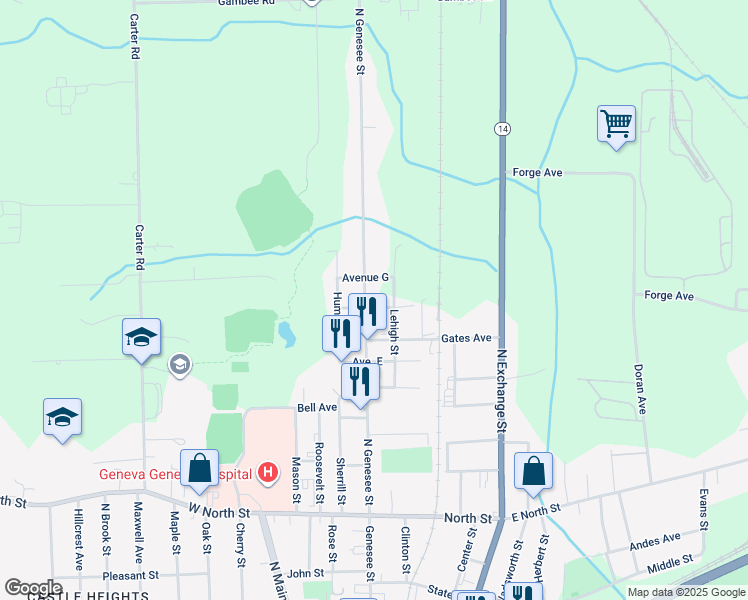map of restaurants, bars, coffee shops, grocery stores, and more near 49 Avenue F in Geneva