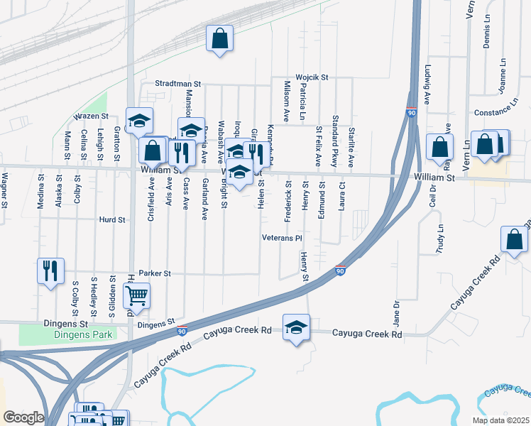 map of restaurants, bars, coffee shops, grocery stores, and more near 170 Helen Street in Cheektowaga