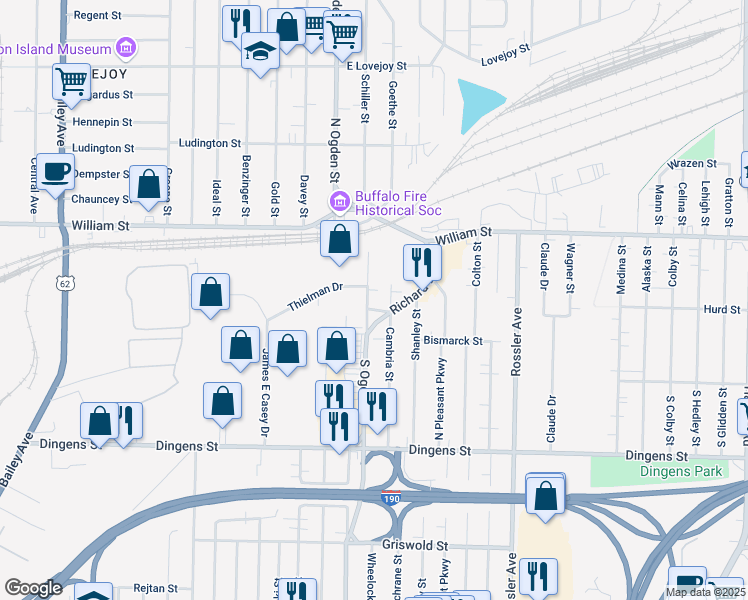 map of restaurants, bars, coffee shops, grocery stores, and more near 751 South Ogden Street in Buffalo