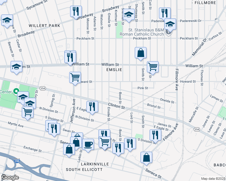 map of restaurants, bars, coffee shops, grocery stores, and more near 198 Emslie Street in Buffalo