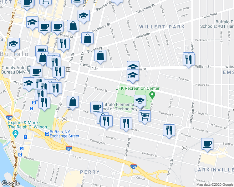 map of restaurants, bars, coffee shops, grocery stores, and more near 89 Pine Street in Buffalo