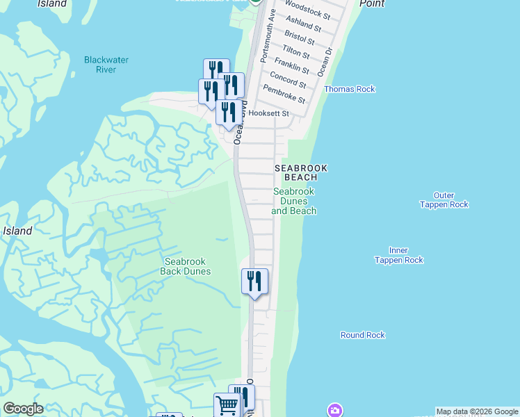 map of restaurants, bars, coffee shops, grocery stores, and more near 20 Dracut Street in Seabrook