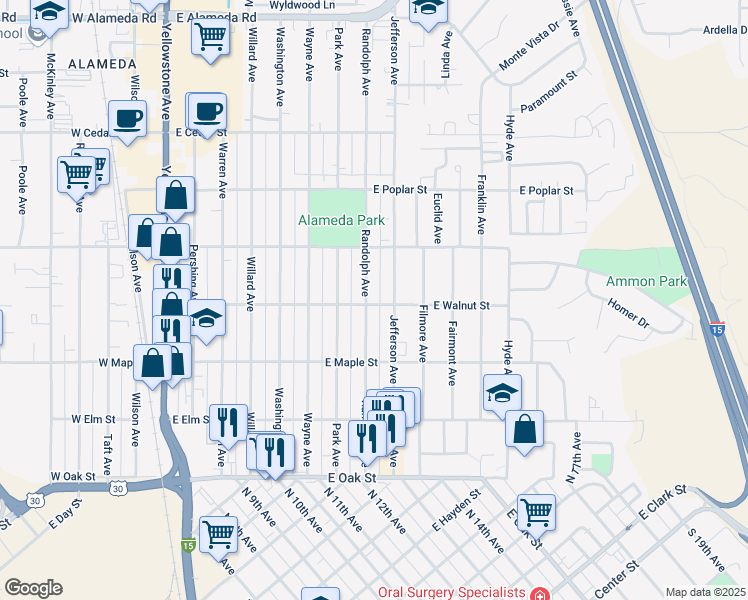 map of restaurants, bars, coffee shops, grocery stores, and more near 389 Randolph Avenue in Pocatello