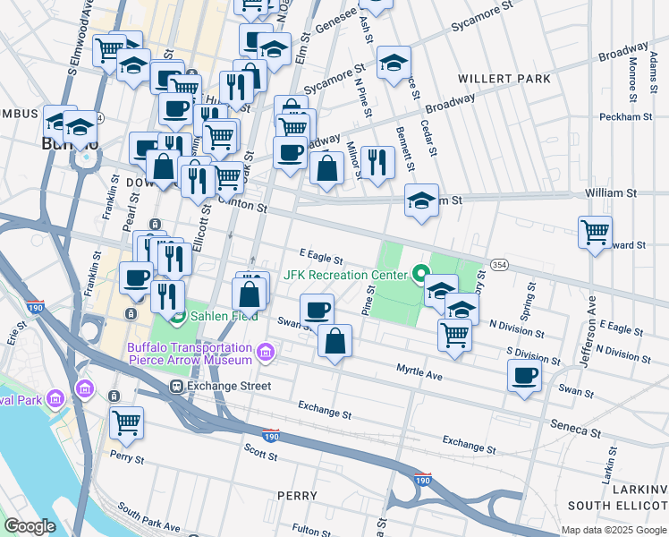 map of restaurants, bars, coffee shops, grocery stores, and more near 321 King Peterson Road in Buffalo
