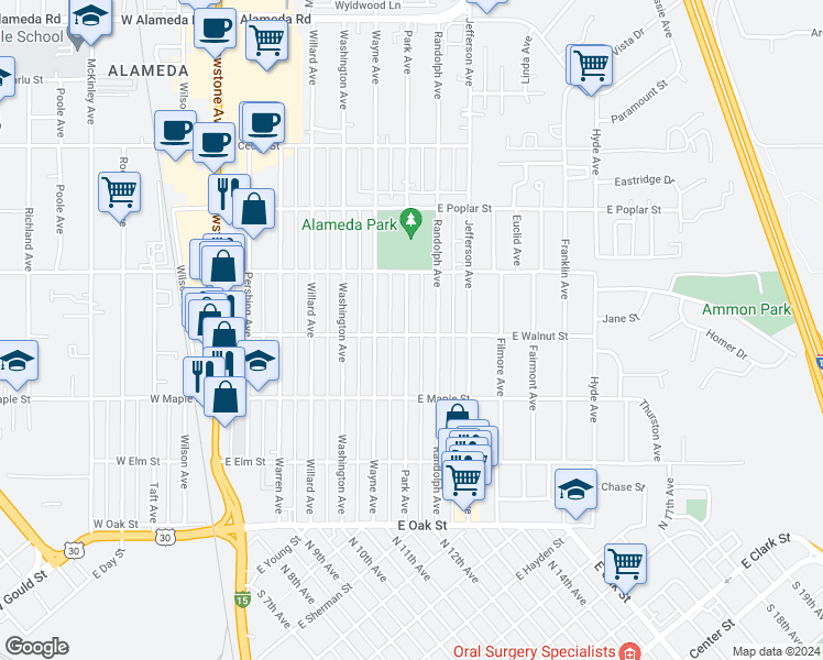 map of restaurants, bars, coffee shops, grocery stores, and more near 402 Park Avenue in Pocatello
