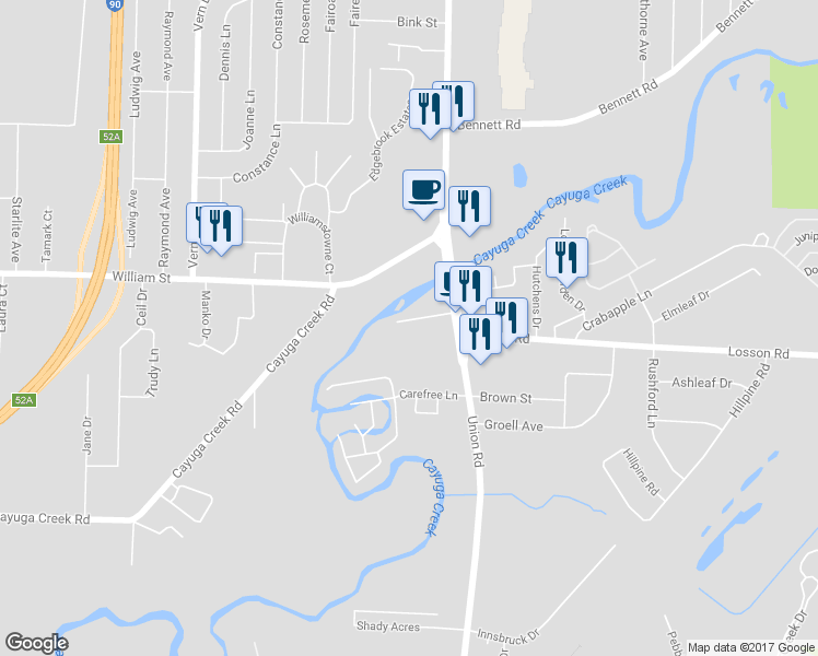 map of restaurants, bars, coffee shops, grocery stores, and more near 49 Sunset Road in Buffalo