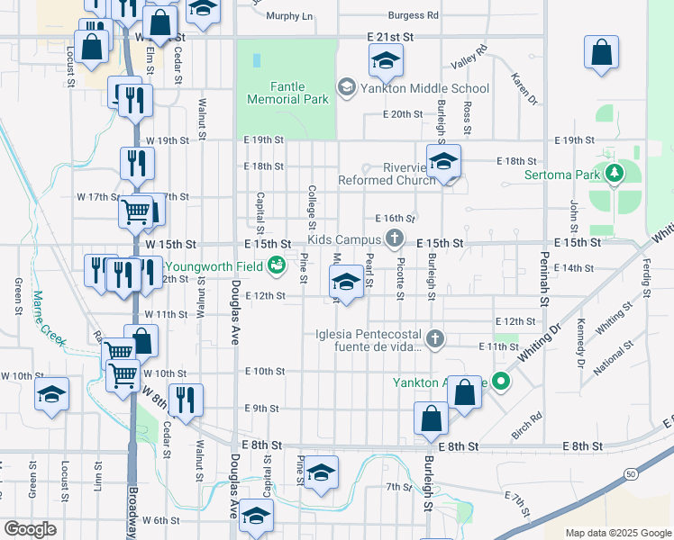 map of restaurants, bars, coffee shops, grocery stores, and more near 1399 Mulberry Street in Yankton