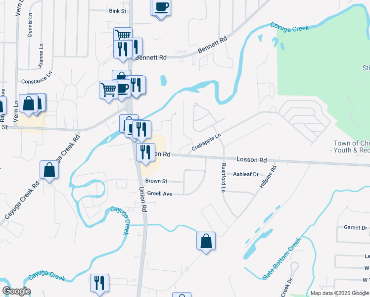 map of restaurants, bars, coffee shops, grocery stores, and more near 110 Losson Road in Cheektowaga