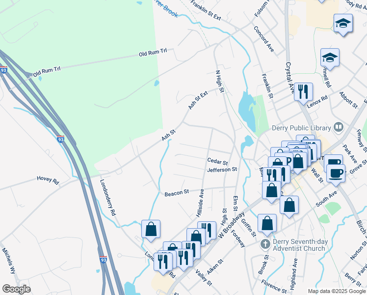 map of restaurants, bars, coffee shops, grocery stores, and more near 20 Cedar Street in Derry
