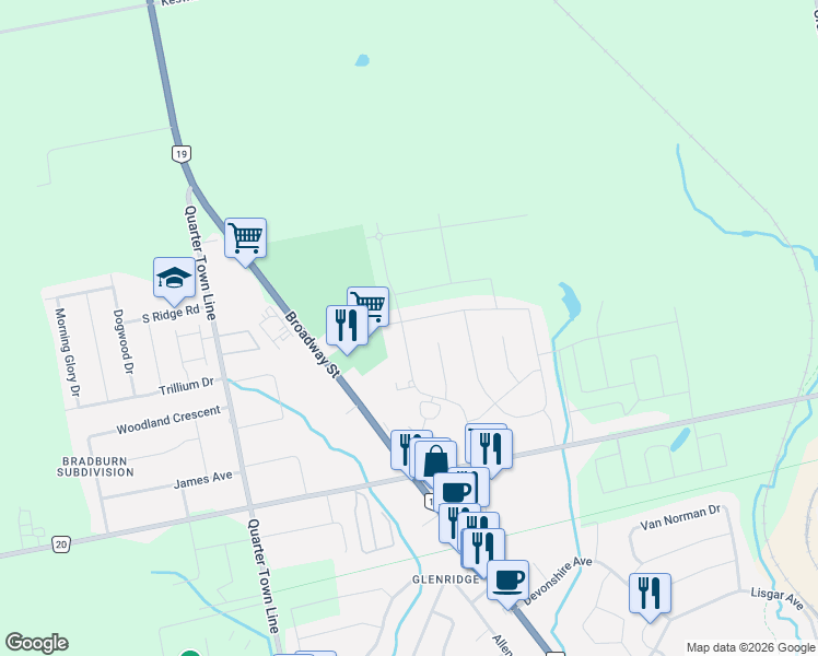 map of restaurants, bars, coffee shops, grocery stores, and more near 36 Woodcock Drive in Tillsonburg