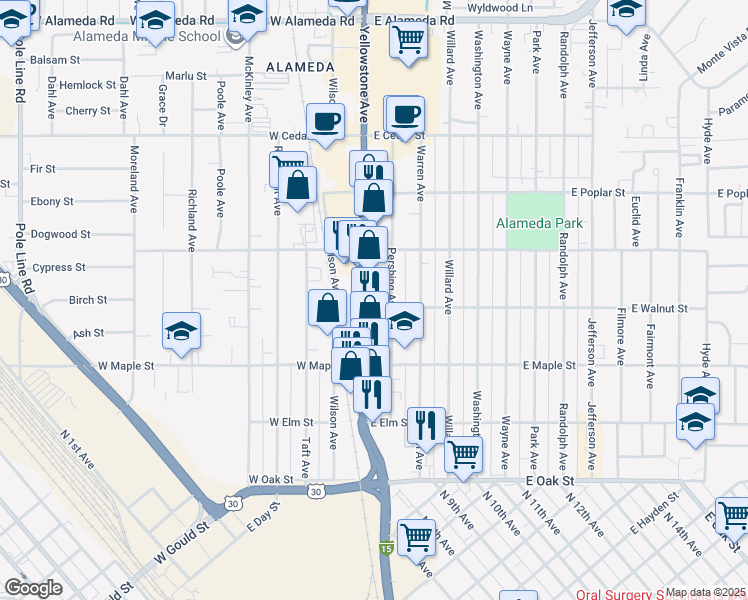 map of restaurants, bars, coffee shops, grocery stores, and more near 395 Pershing Avenue in Pocatello