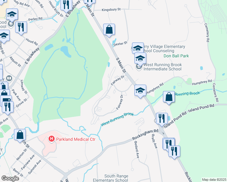 map of restaurants, bars, coffee shops, grocery stores, and more near 18 Fairway Drive in Derry