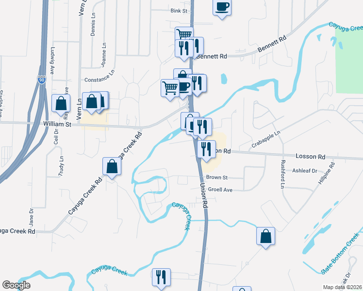 map of restaurants, bars, coffee shops, grocery stores, and more near 49 Sunset Road in Buffalo