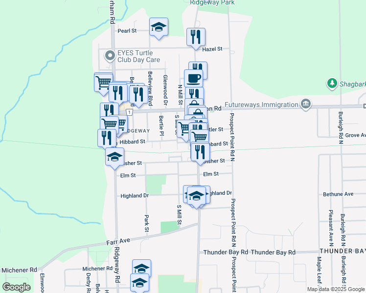 map of restaurants, bars, coffee shops, grocery stores, and more near 265 Ridge Road North in Fort Erie