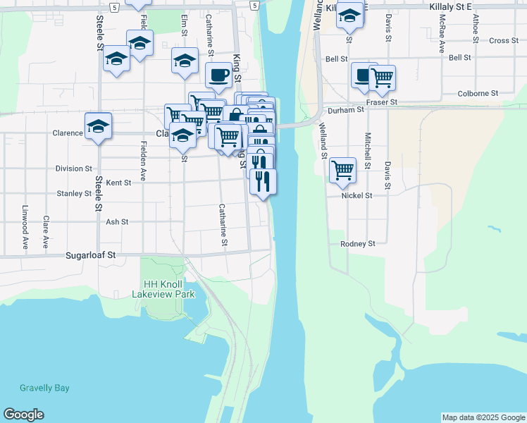 map of restaurants, bars, coffee shops, grocery stores, and more near in Port Colborne