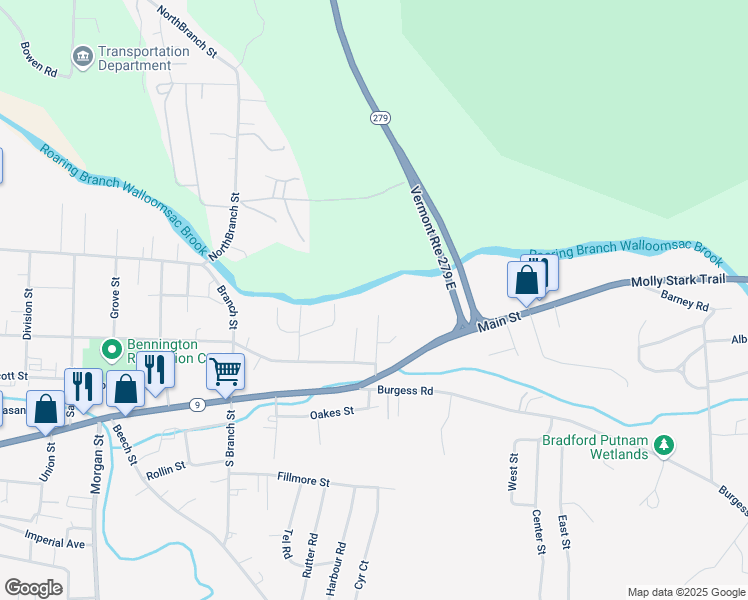 map of restaurants, bars, coffee shops, grocery stores, and more near 113 Cross Street in Bennington