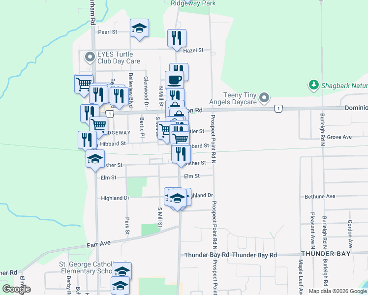 map of restaurants, bars, coffee shops, grocery stores, and more near 266 Ridge Road North in Fort Erie