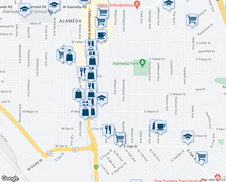 map of restaurants, bars, coffee shops, grocery stores, and more near 409 Willard Avenue in Pocatello