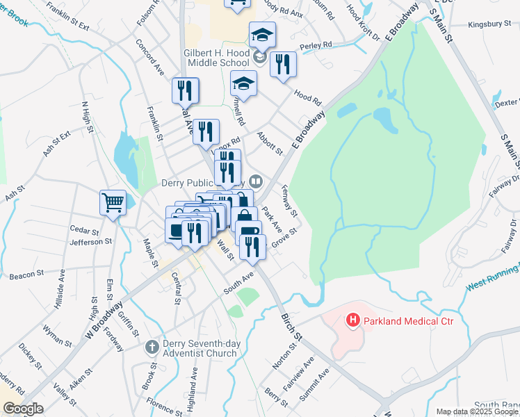 map of restaurants, bars, coffee shops, grocery stores, and more near 7 Park Avenue in Derry