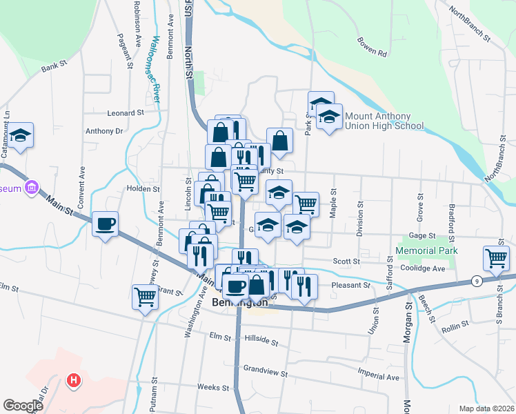 map of restaurants, bars, coffee shops, grocery stores, and more near 114 Gage Street in Bennington