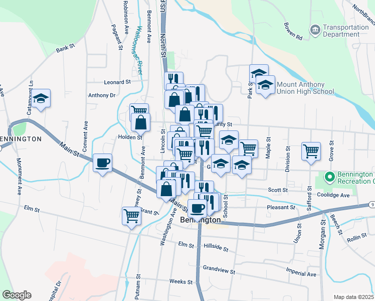 map of restaurants, bars, coffee shops, grocery stores, and more near in Bennington