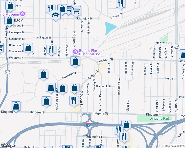 map of restaurants, bars, coffee shops, grocery stores, and more near 376 Shanley Street in Buffalo