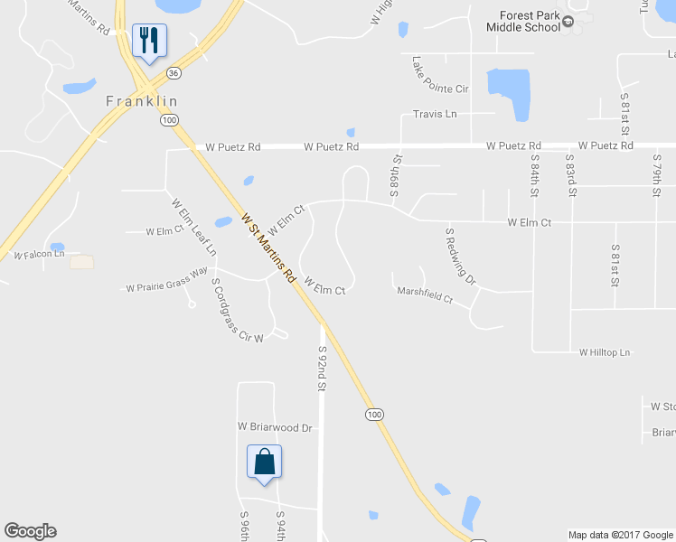 map of restaurants, bars, coffee shops, grocery stores, and more near 9177 West Elm Court in Franklin