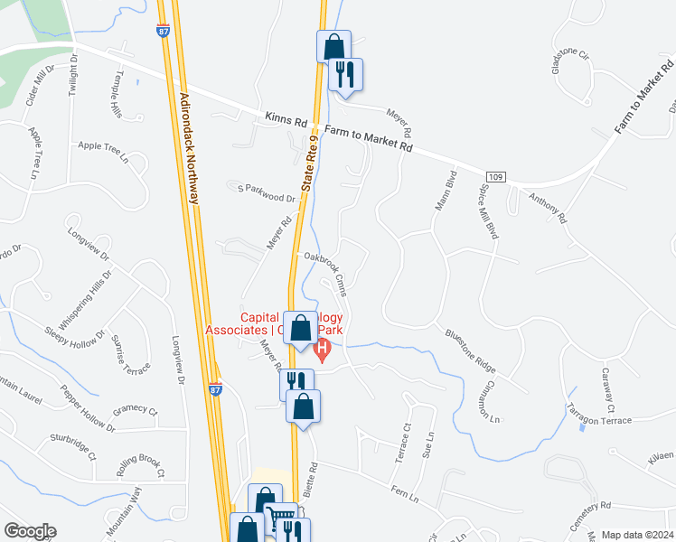 map of restaurants, bars, coffee shops, grocery stores, and more near 781 Oakbrook Commons in Saratoga County